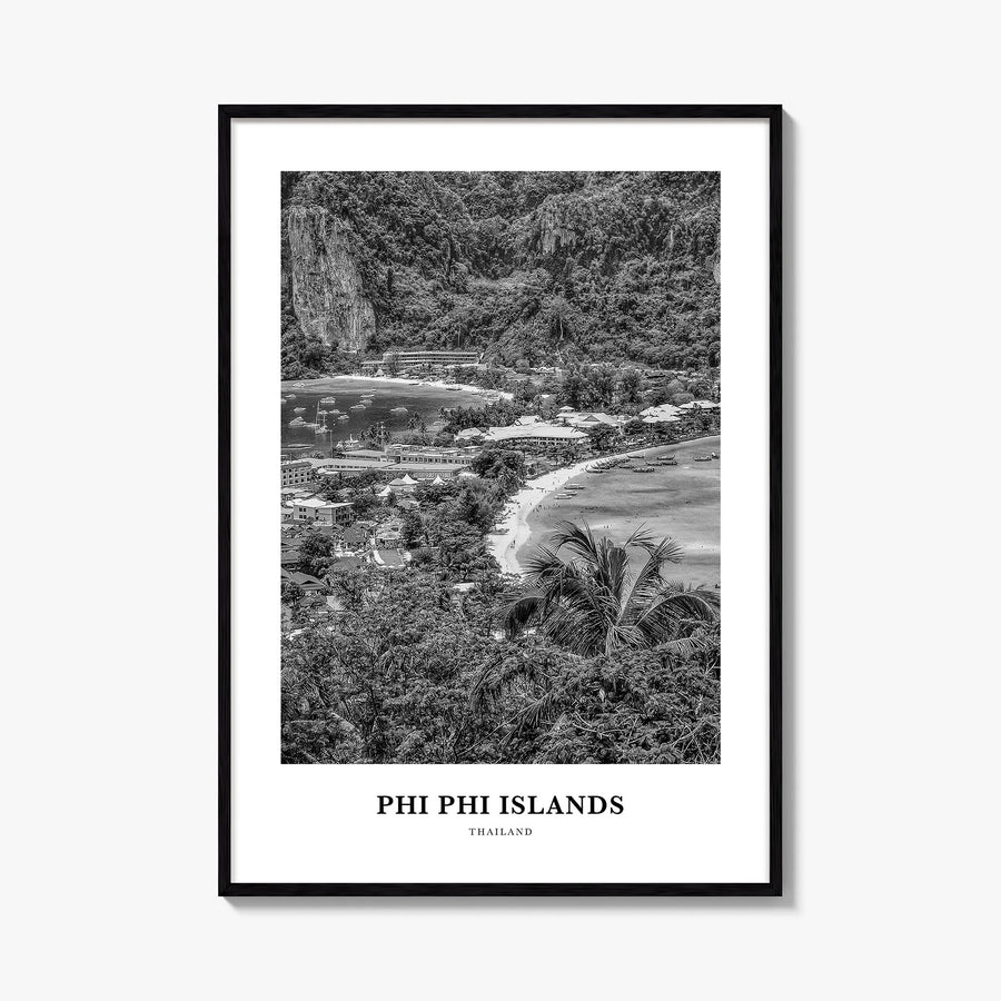 Phi Phi Islands black & white classic poster of Thailand – vertical wall art, unframed print shown in interior mockup