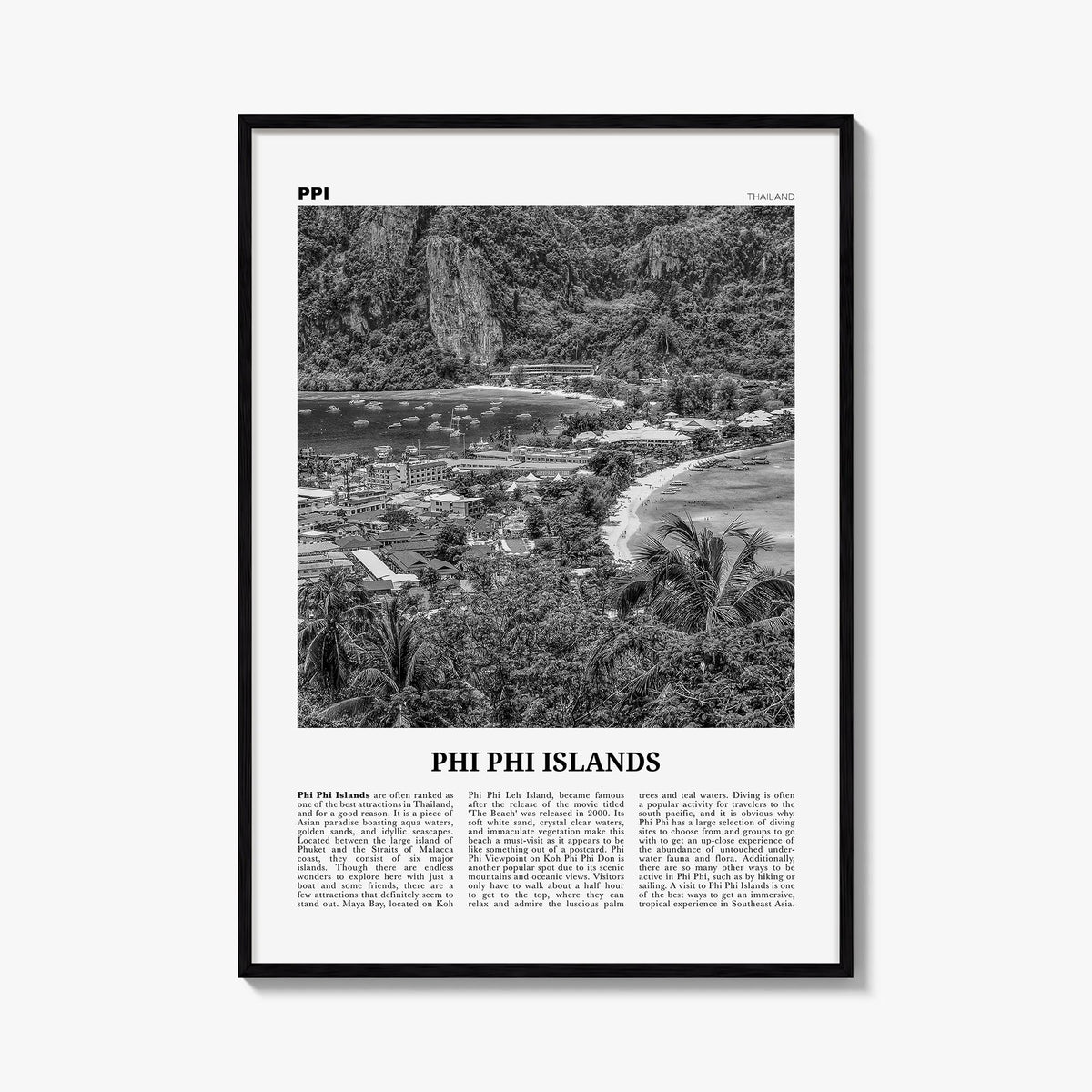 Phi Phi Islands no. 2 black & white newspaper poster of Thailand – vertical wall art, unframed print shown in interior mockup