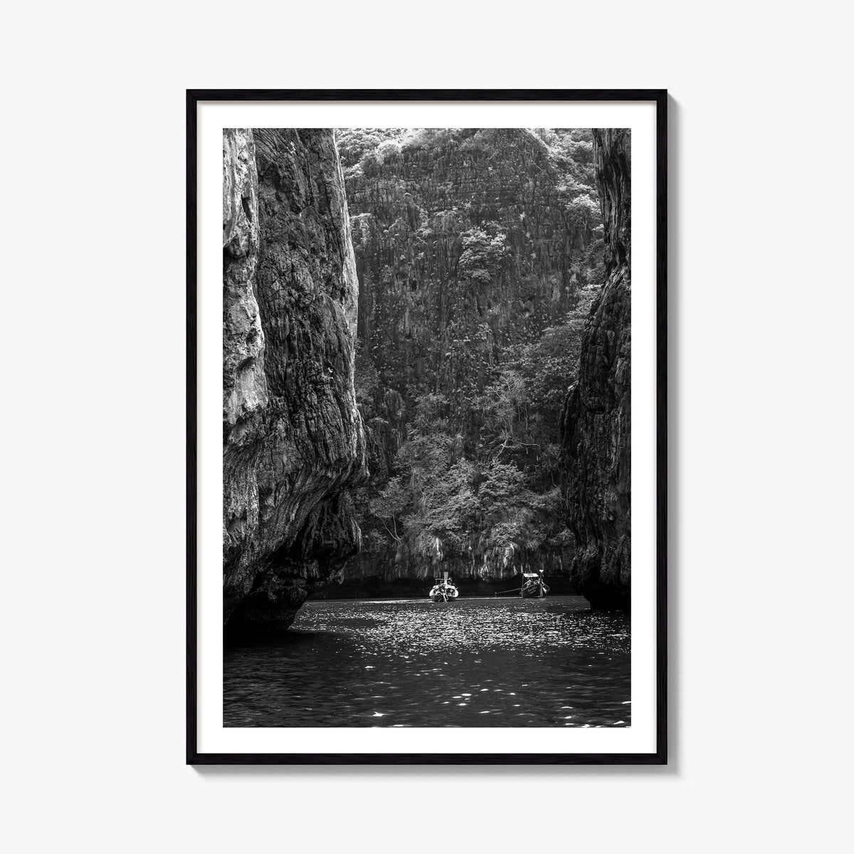 Phi Phi Islands black & white photo poster of Thailand – vertical wall art, unframed print shown in interior mockup