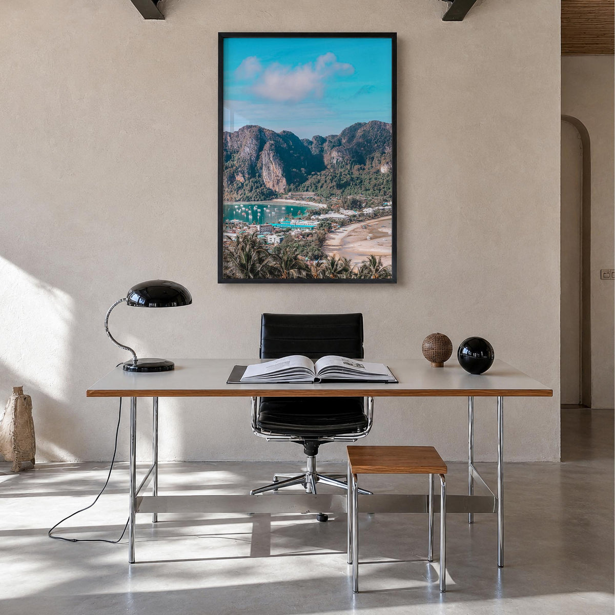 Phi Phi Islands colorful photo poster of Thailand – vertical wall art in black wood frame, hanging on wall