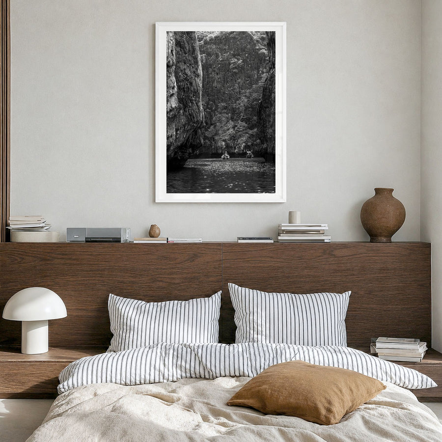 Phi Phi Islands Photo Poster in a white wood frame, hanging in a bedroom, white border