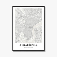 Philadelphia black & white map poster of Pennsylvania, USA – vertical wall art, unframed print shown in interior mockup