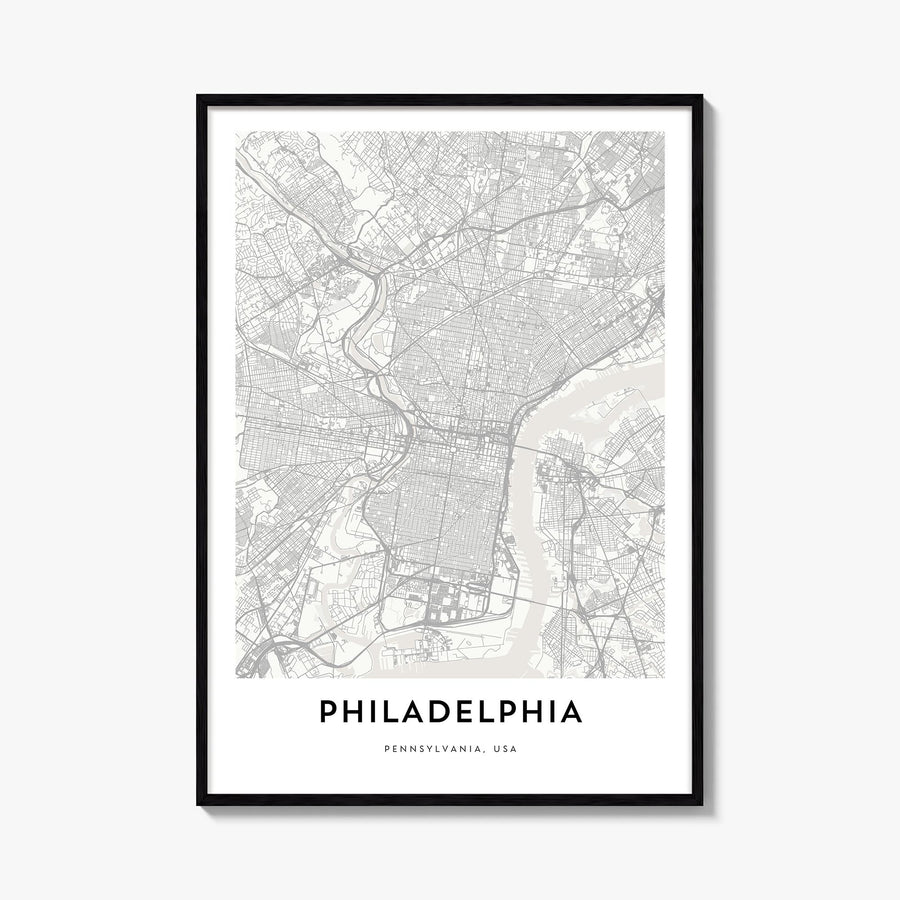 Philadelphia black & white map poster of Pennsylvania, USA – vertical wall art, unframed print shown in interior mockup
