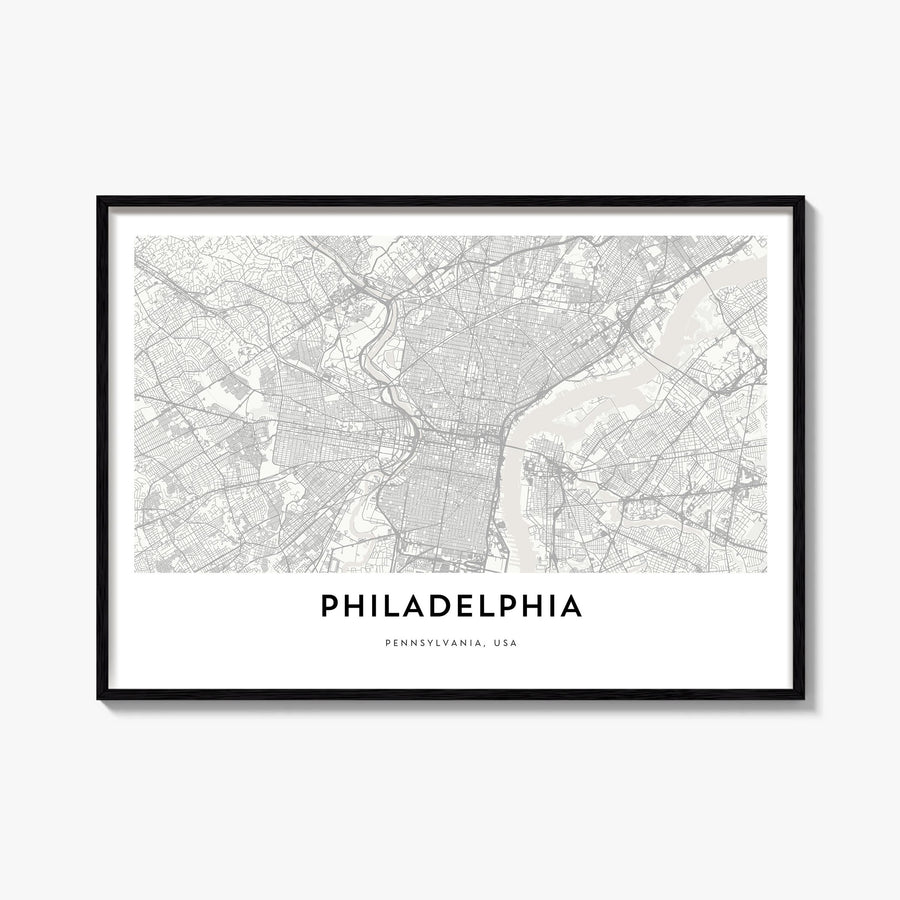 Philadelphia black & white map poster of Pennsylvania, USA – horizontal wall art, unframed print shown in interior mockup