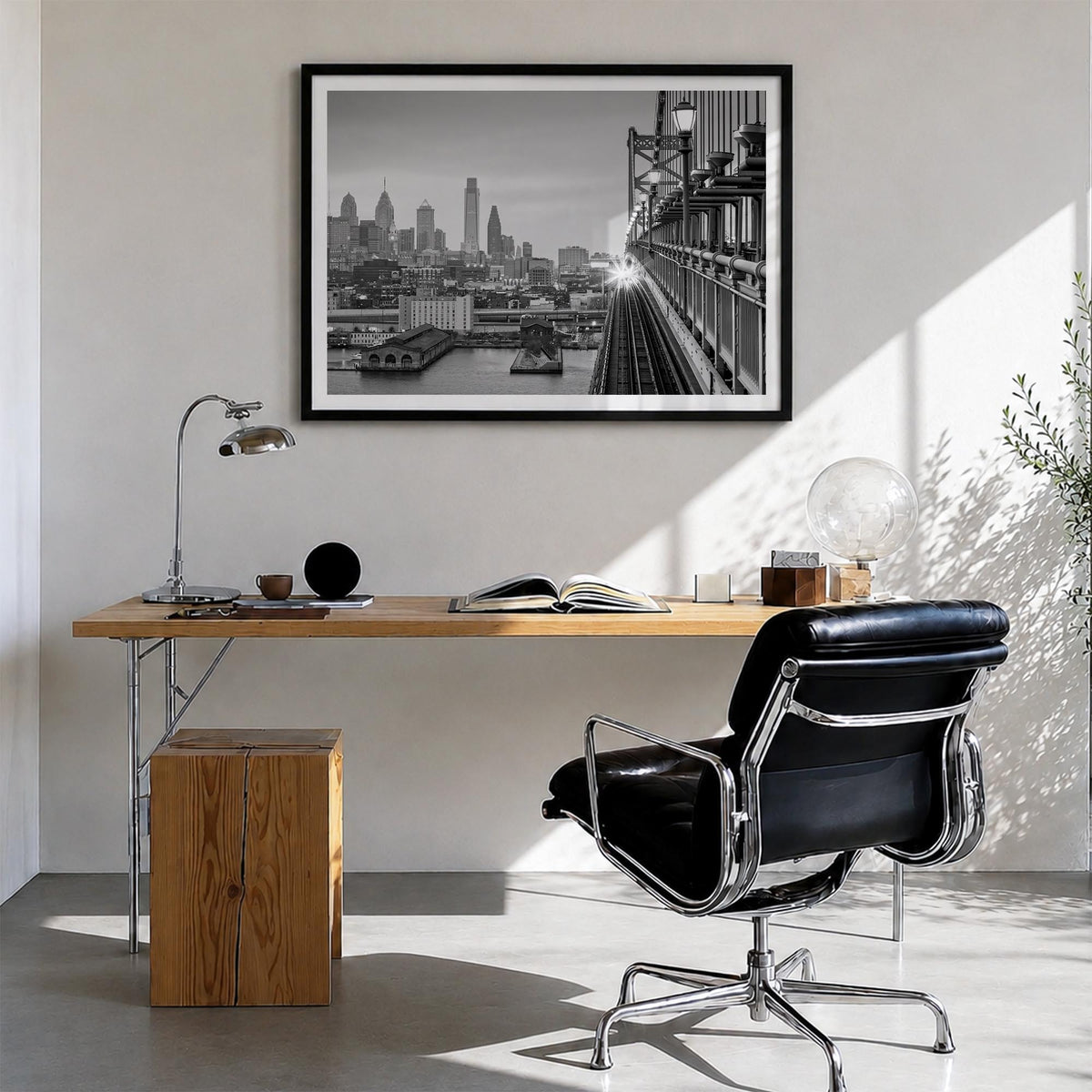 Philadelphia black & white photo poster of Pennsylvania, USA – horizontal wall art in black wood frame with white border, han