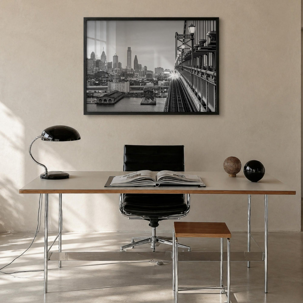 Philadelphia black & white photo poster of Pennsylvania, USA – horizontal wall art in black wood frame, hanging on wall