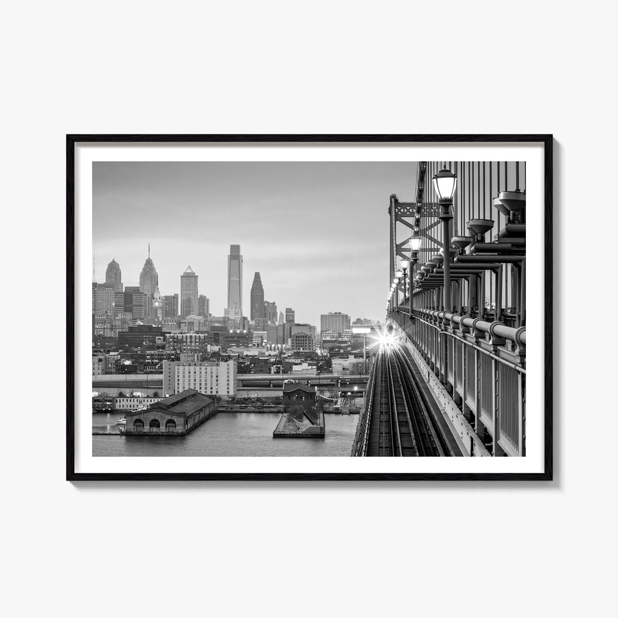 Philadelphia black & white photo poster of Pennsylvania, USA – horizontal wall art, unframed print shown in interior mockup