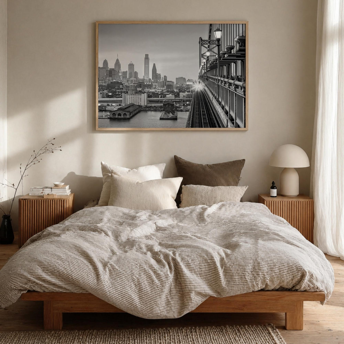 Philadelphia black & white photo poster of Pennsylvania, USA – horizontal wall art in natural wood frame, hanging on wall