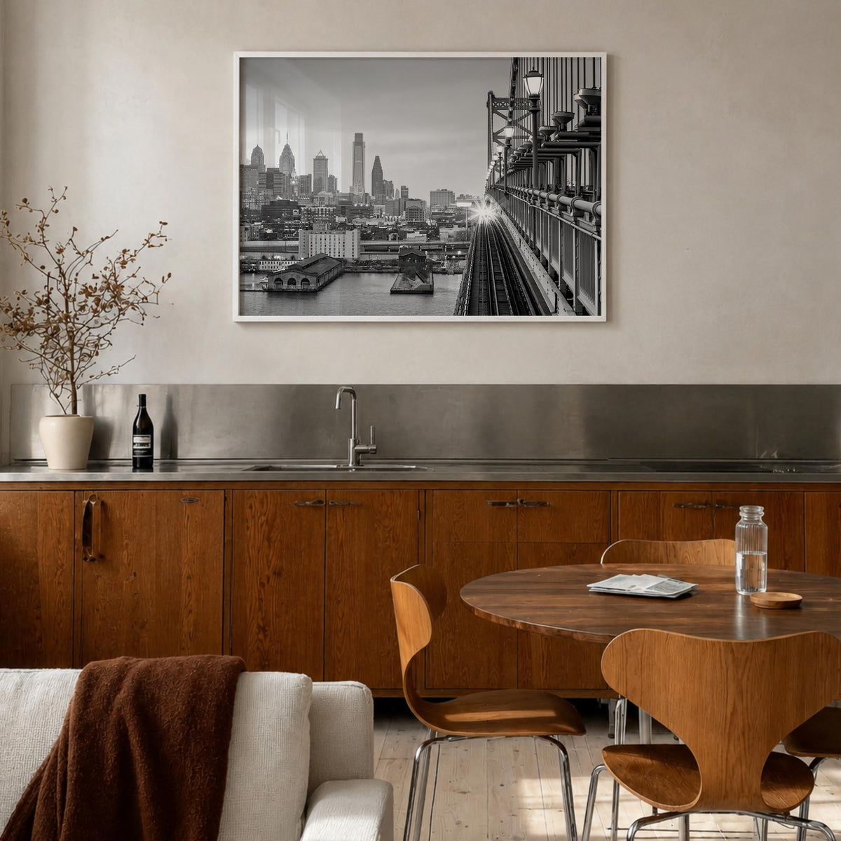 Philadelphia black & white photo poster of Pennsylvania, USA – horizontal wall art in white wood frame, hanging on wall