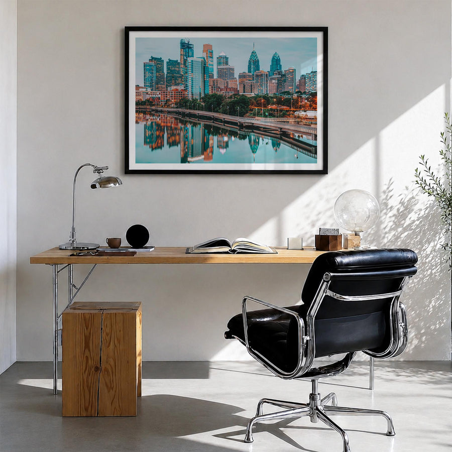 Philadelphia colorful photo poster of Pennsylvania, USA – horizontal wall art in black wood frame with white border, hanging 