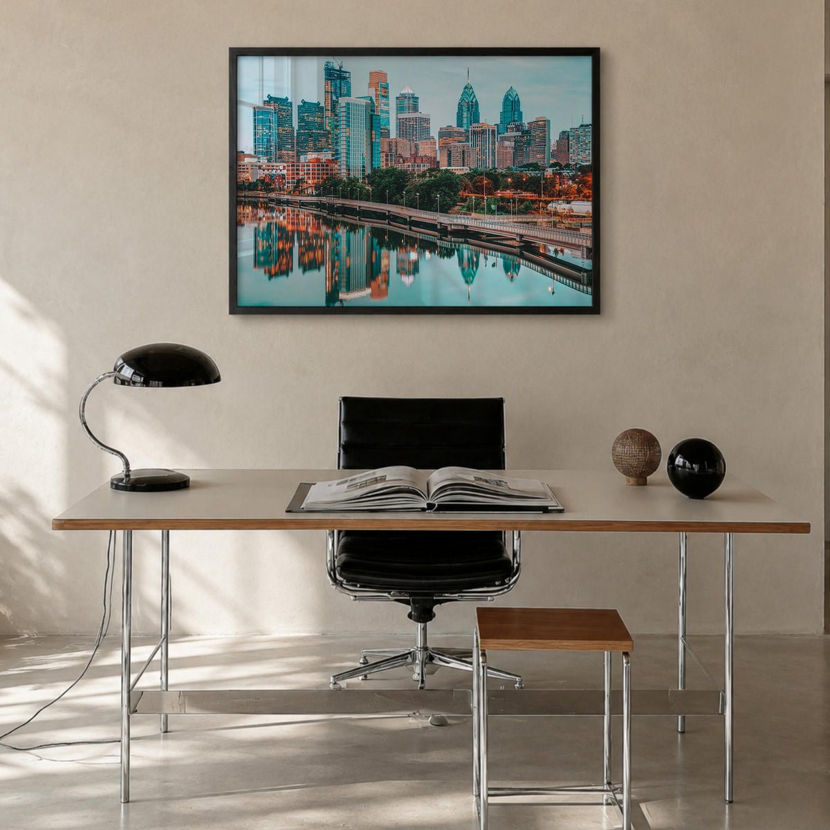 Philadelphia colorful photo poster of Pennsylvania, USA – horizontal wall art in black wood frame, hanging on wall