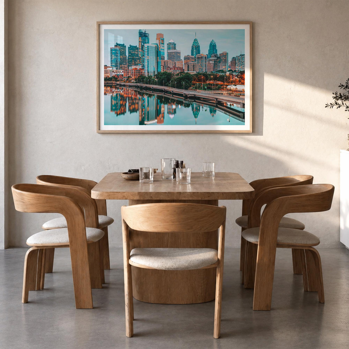 Philadelphia colorful photo poster of Pennsylvania, USA – horizontal wall art in natural wood frame with white border, hangin