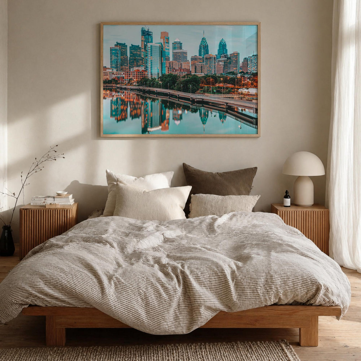 Philadelphia colorful photo poster of Pennsylvania, USA – horizontal wall art in natural wood frame, hanging on wall
