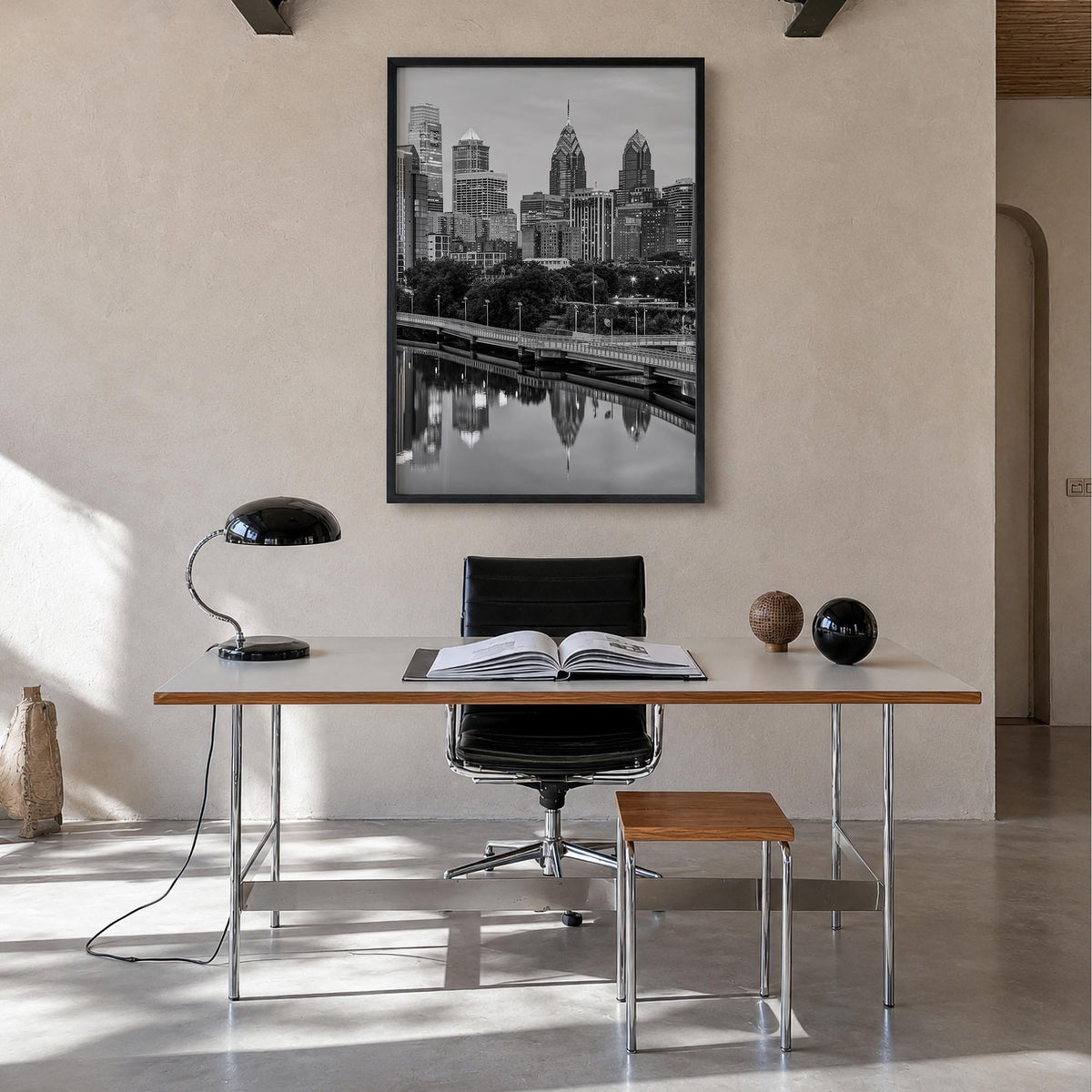 Philadelphia no. 2 black & white photo poster of Pennsylvania, USA – vertical wall art in black wood frame, hanging on wall