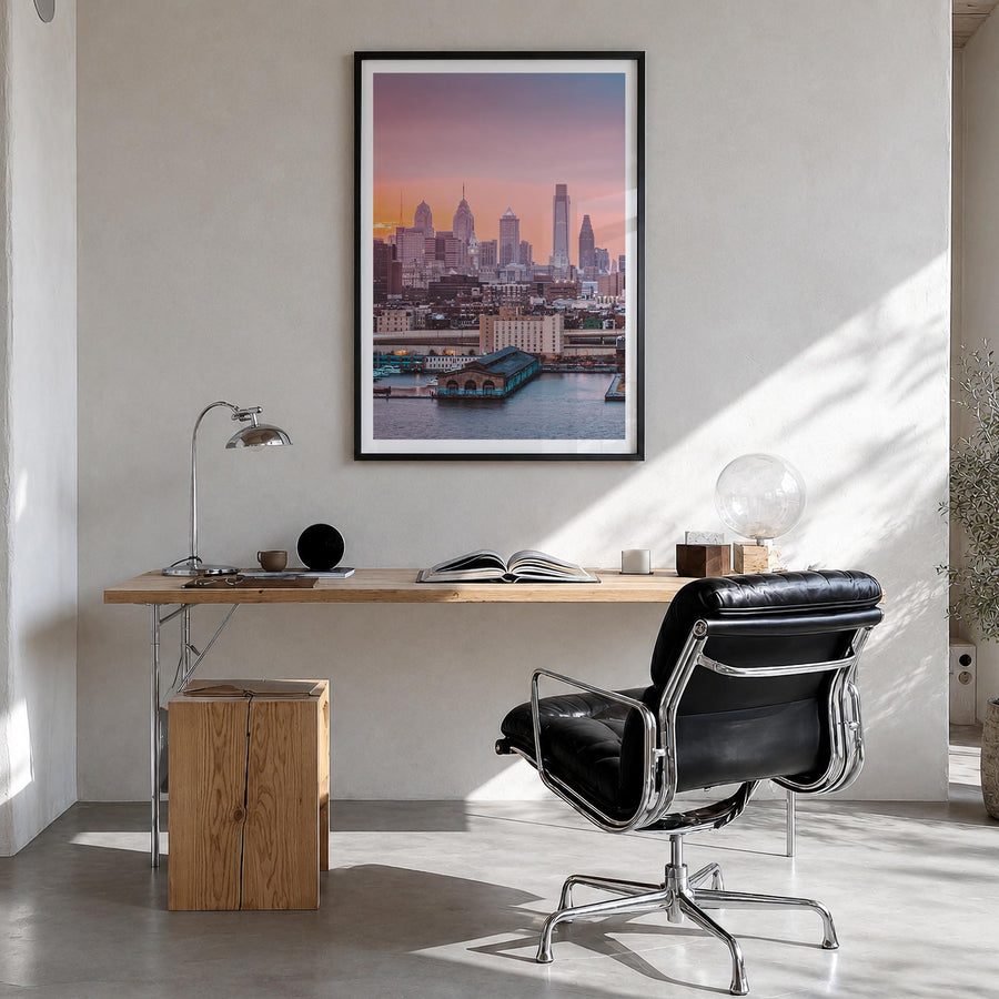 Philadelphia no. 2 colorful photo poster of Pennsylvania, USA – vertical wall art in black wood frame with white border, hang