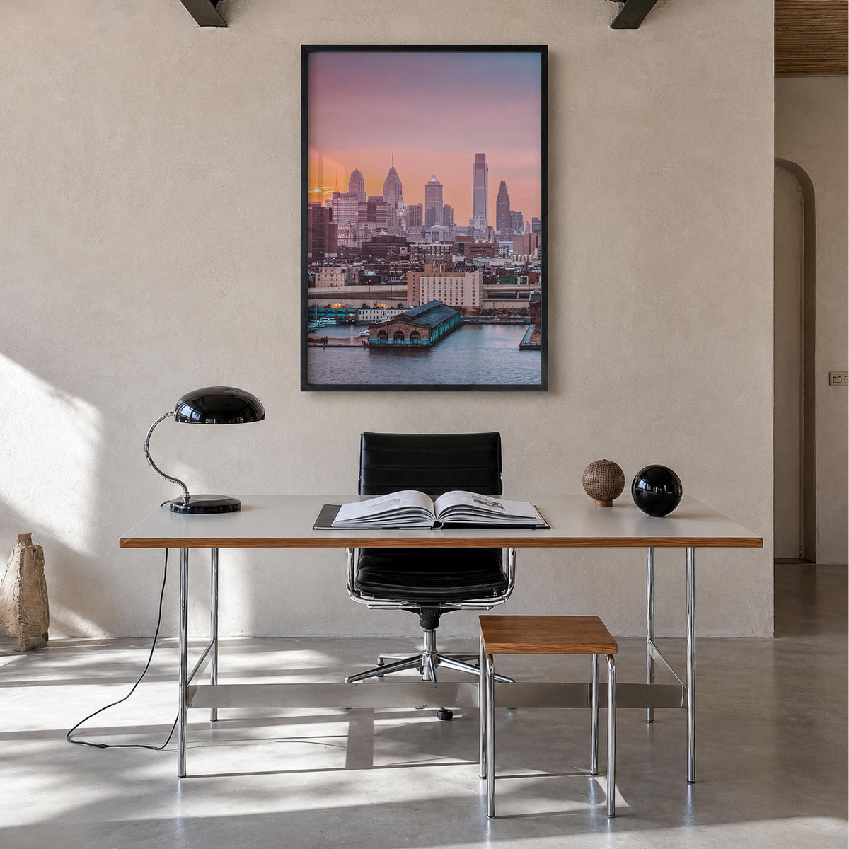 Philadelphia no. 2 colorful photo poster of Pennsylvania, USA – vertical wall art in black wood frame, hanging on wall