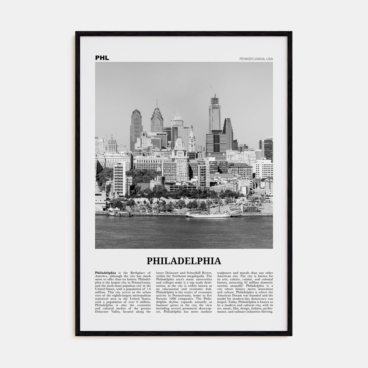 Philadelphia No 2 Poster Black Wood / 8x12 in Nbourhood Travel B&W Poster