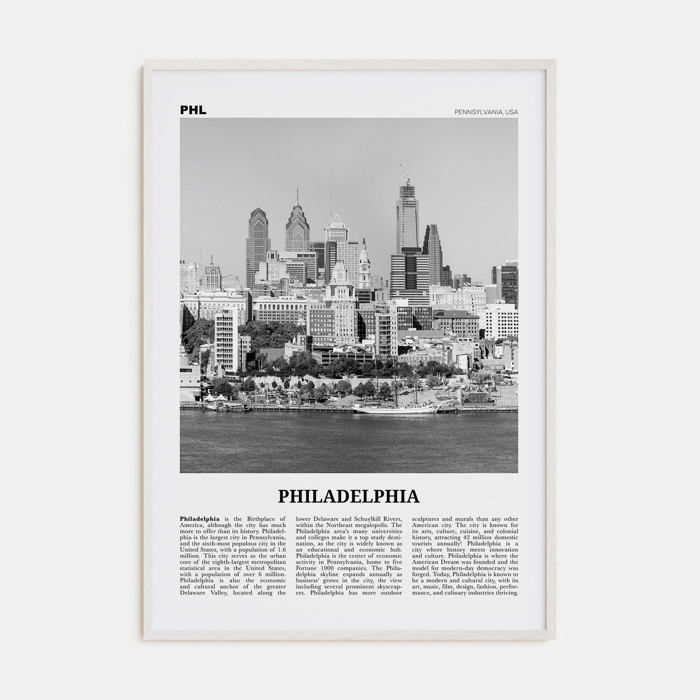 Philadelphia No 2 Poster White Wood / 8x12 in Nbourhood Travel B&W Poster