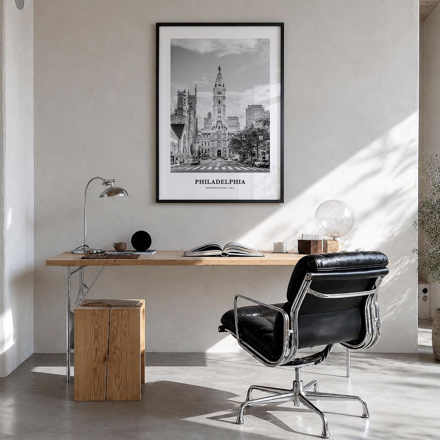 Philadelphia no. 3 black & white classic poster of Pennsylvania, USA – vertical wall art in black wood frame, hanging on wall