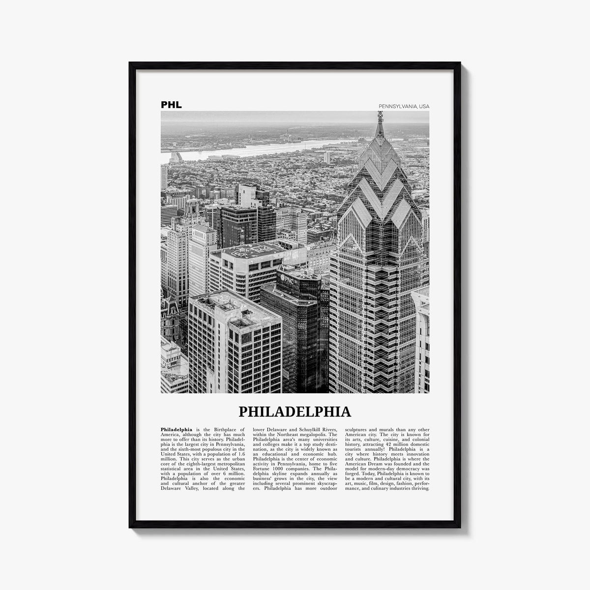 Philadelphia no. 3 black & white newspaper poster of Pennsylvania, USA – vertical wall art, unframed print shown in interior 