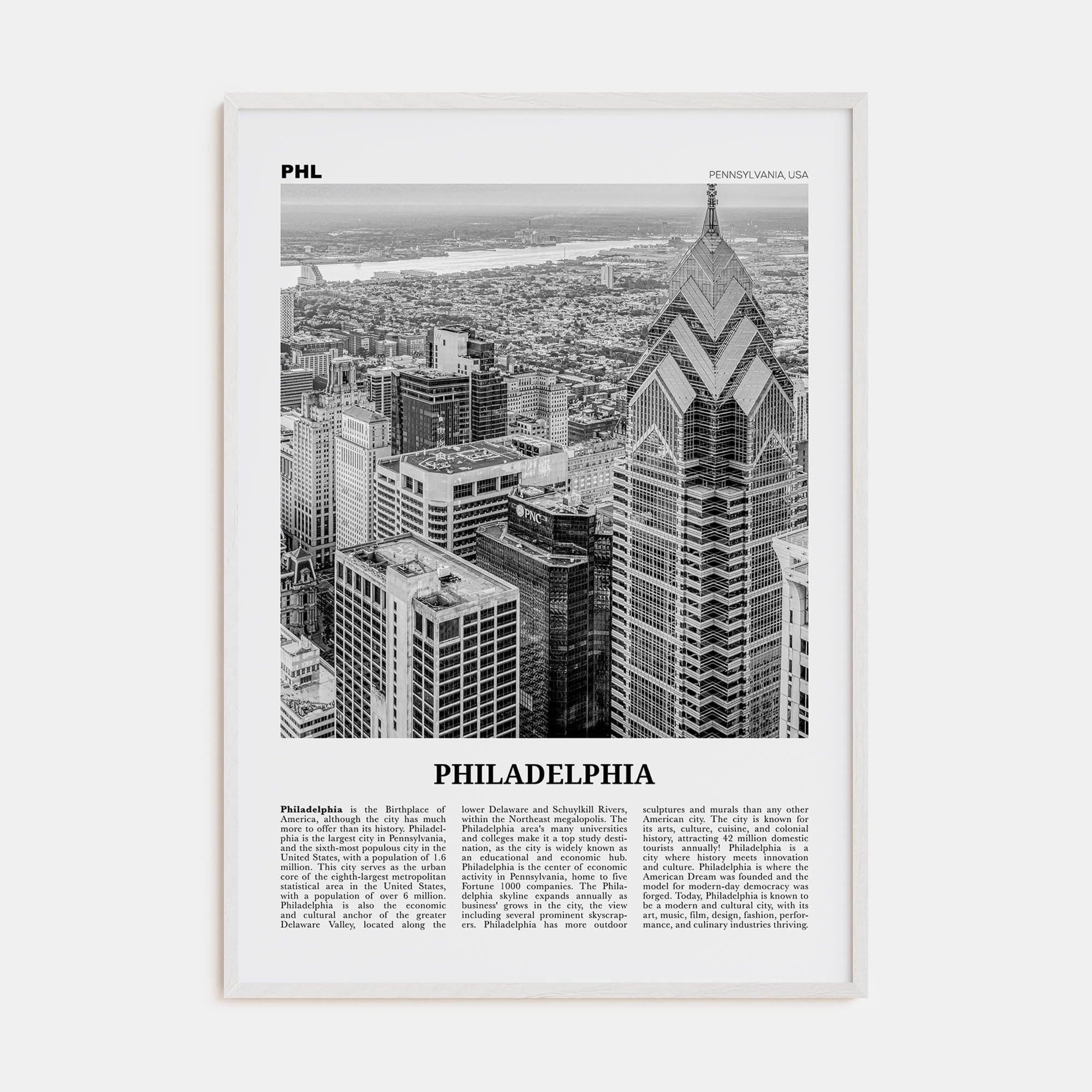 Philadelphia No 3 Poster White Wood / 8x12 in Nbourhood Travel B&W Poster