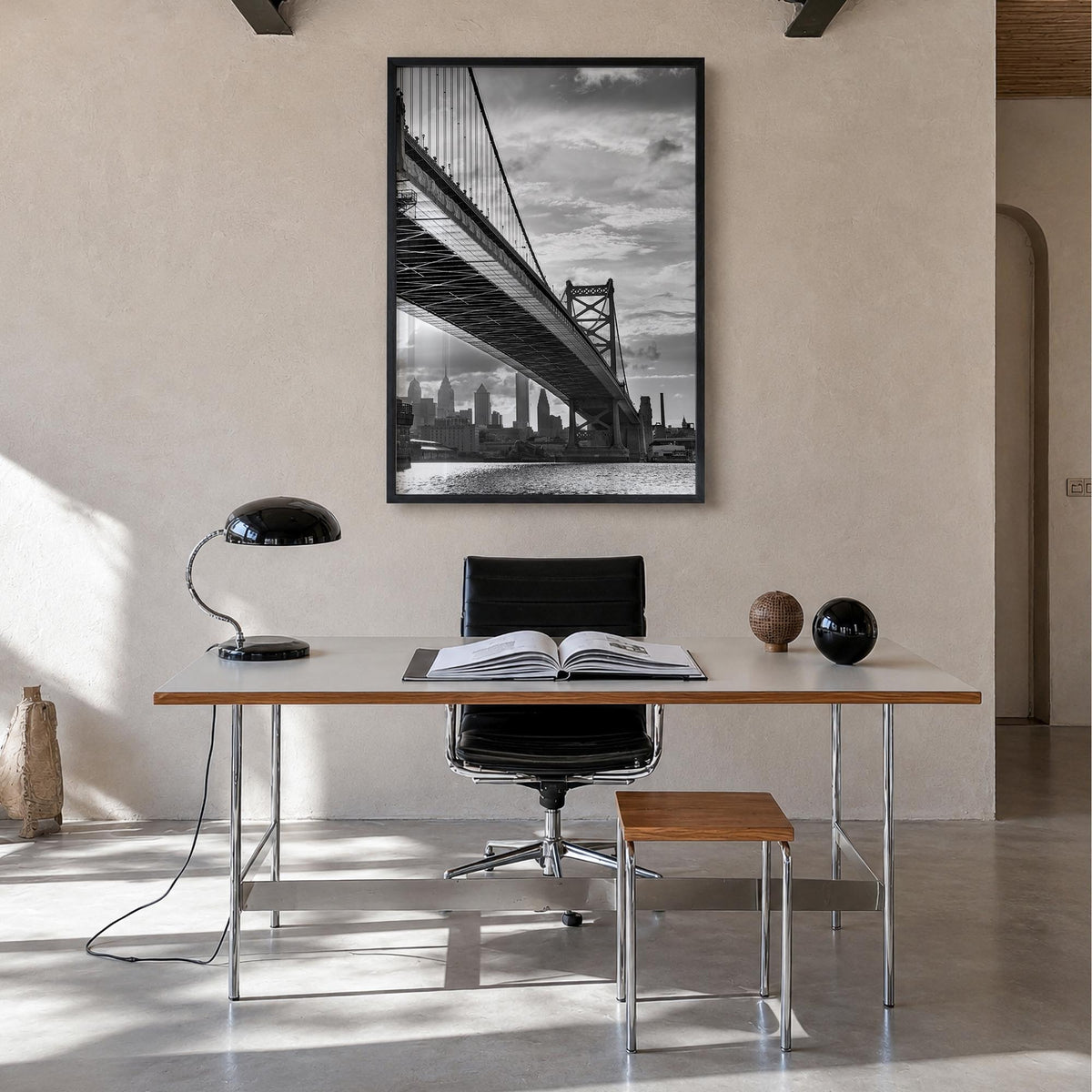 Philadelphia no. 4 black & white photo poster of Pennsylvania, USA – vertical wall art in black wood frame, hanging on wall