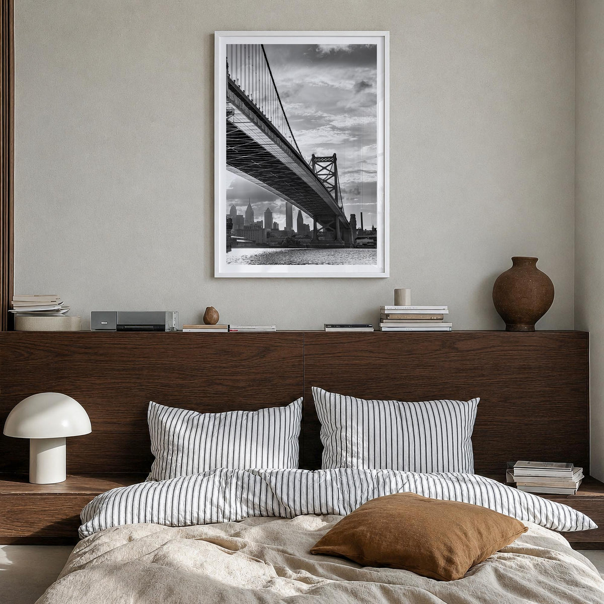 Philadelphia no. 4 black & white photo poster of Pennsylvania, USA – vertical wall art in white wood frame with white border,