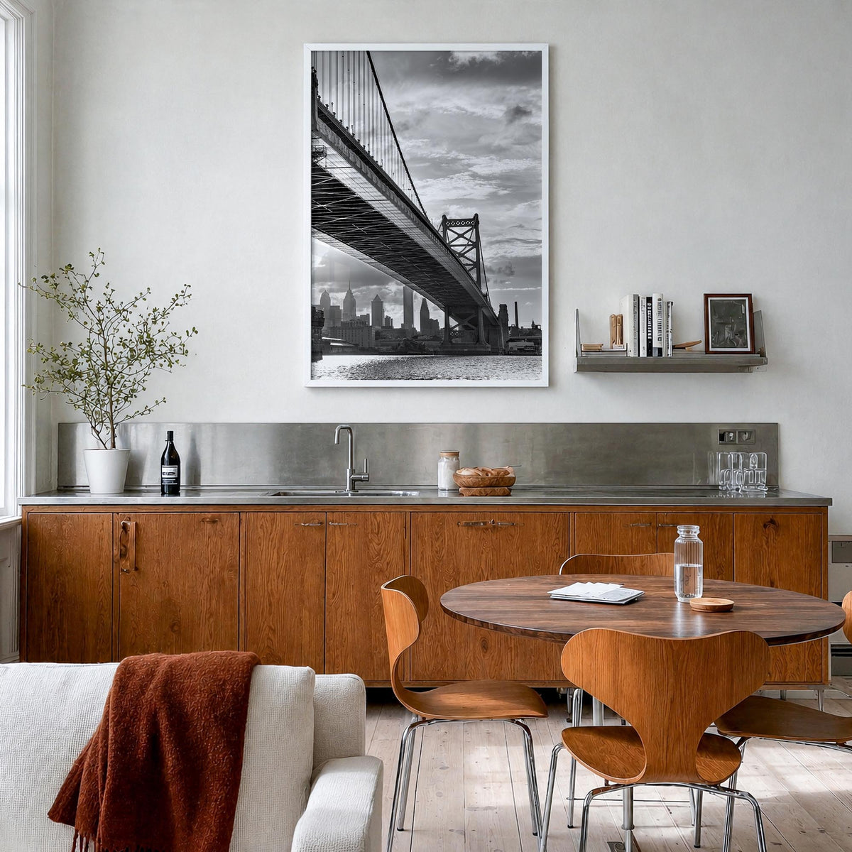 Philadelphia no. 4 black & white photo poster of Pennsylvania, USA – vertical wall art in white wood frame, hanging on wall
