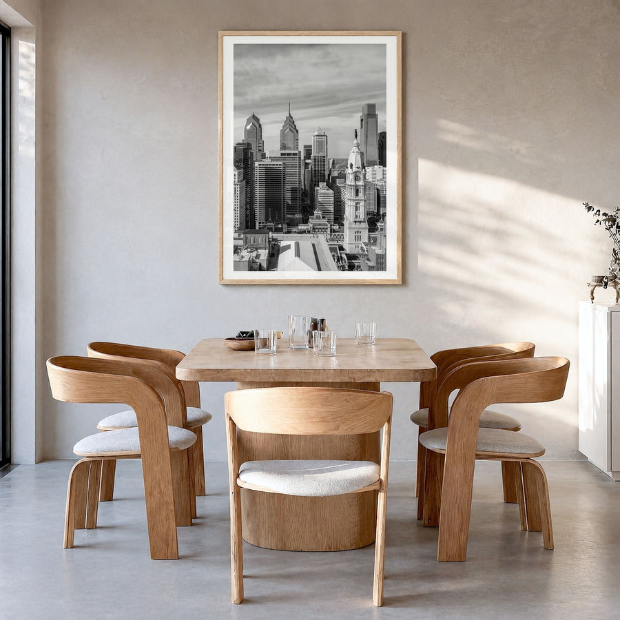 Philadelphia Photo No 1 Poster in a natural wood frame, hanging in a dining room, white border