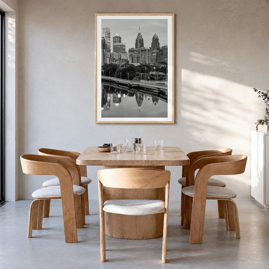 Philadelphia Photo No 2 Poster in a natural wood frame, hanging in a dining room, white border