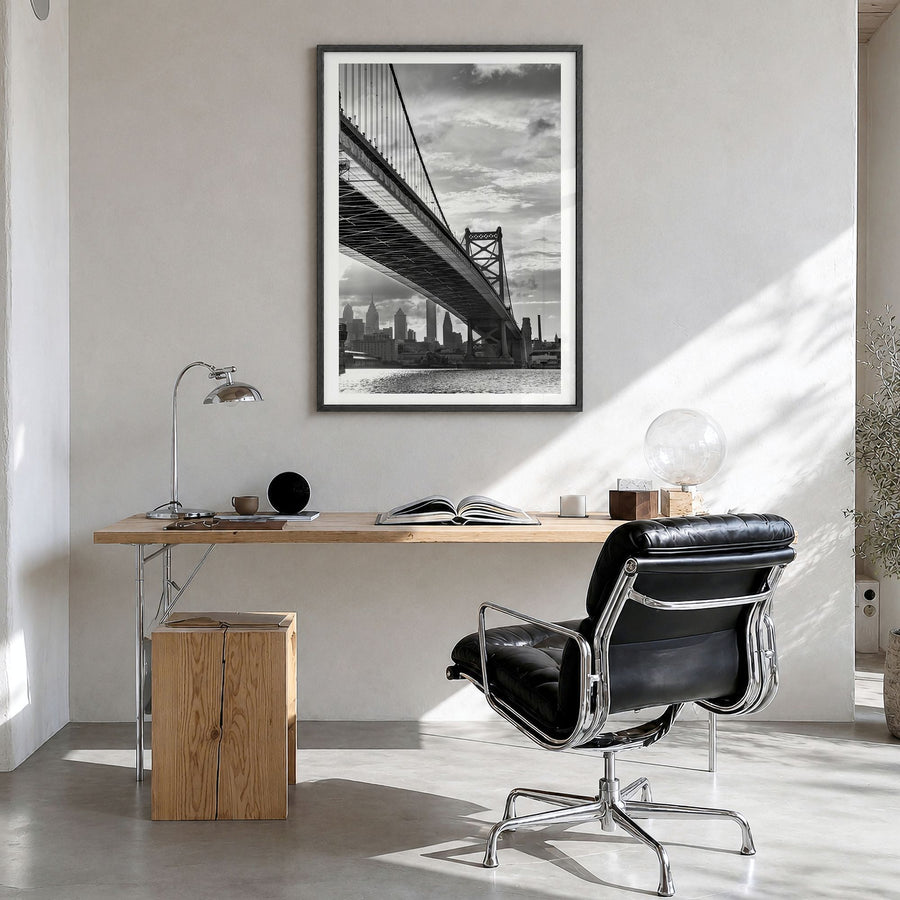 Philadelphia Photo No 4 Poster in a black wood frame, hanging in a bright home office, white border