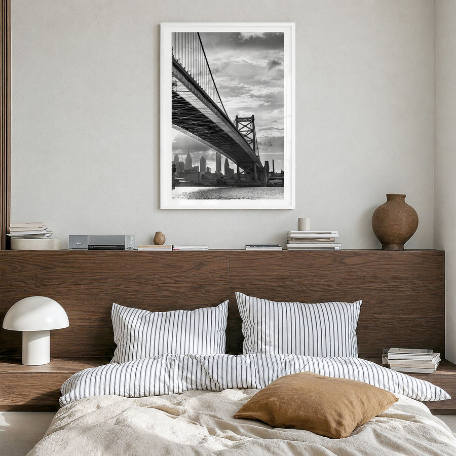 Philadelphia Photo No 4 Poster in a white wood frame, hanging in a bedroom, white border