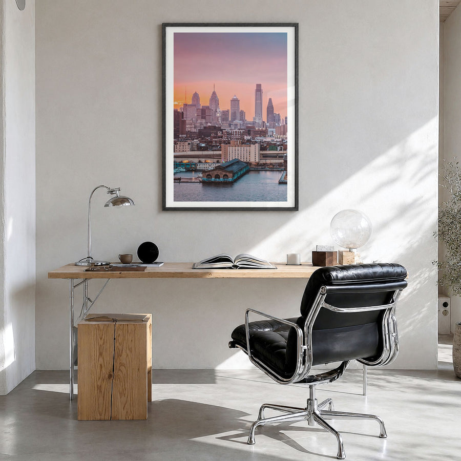 Philadelphia Photo No 2 Poster in a black wood frame, hanging in a bright home office, white border