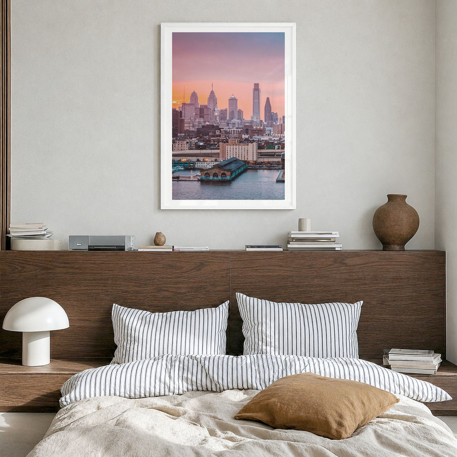 Philadelphia Photo No 2 Poster in a white wood frame, hanging in a bedroom, white border