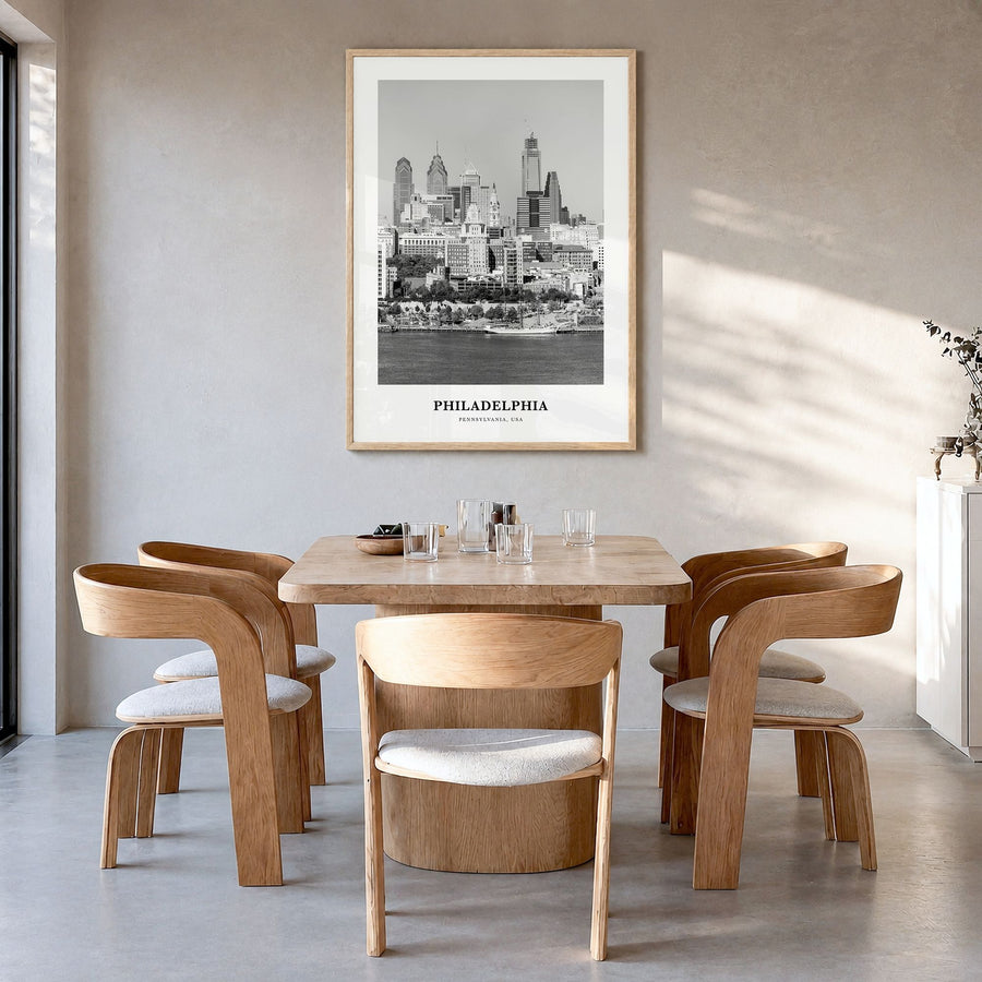 Philadelphia Classic No 2 Poster in a natural wood frame, hanging in a dining room