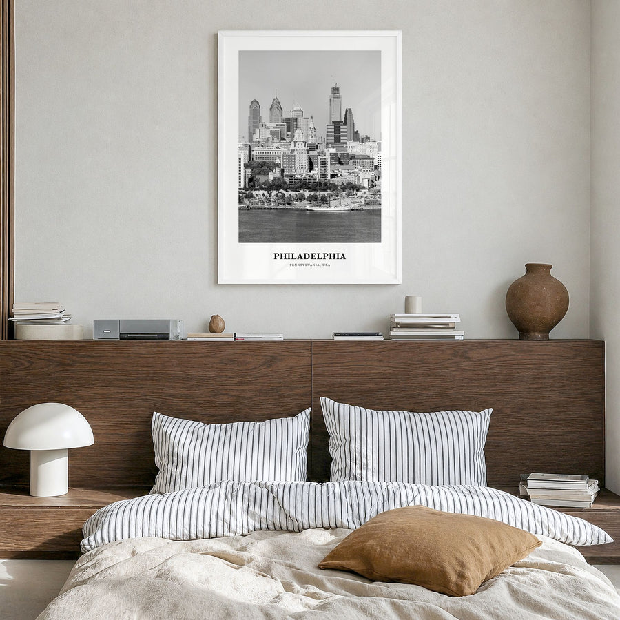 Philadelphia Classic No 2 Poster in a white wood frame, hanging in a bedroom