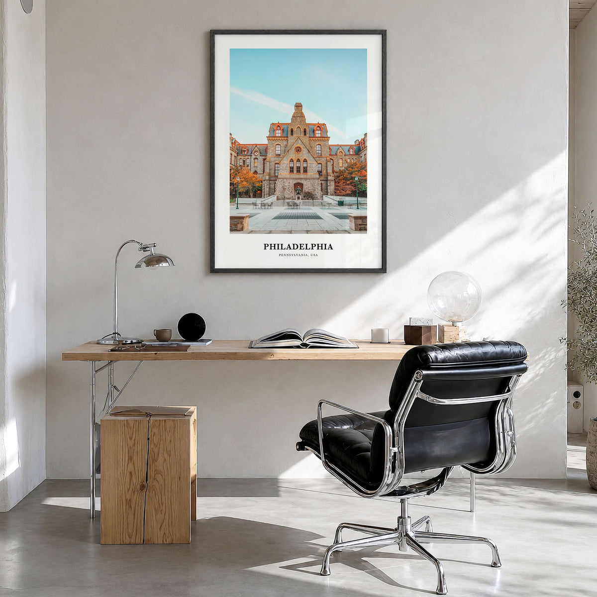 Philadelphia Classic No 1 Poster in a black wood frame, hanging in a bright home office