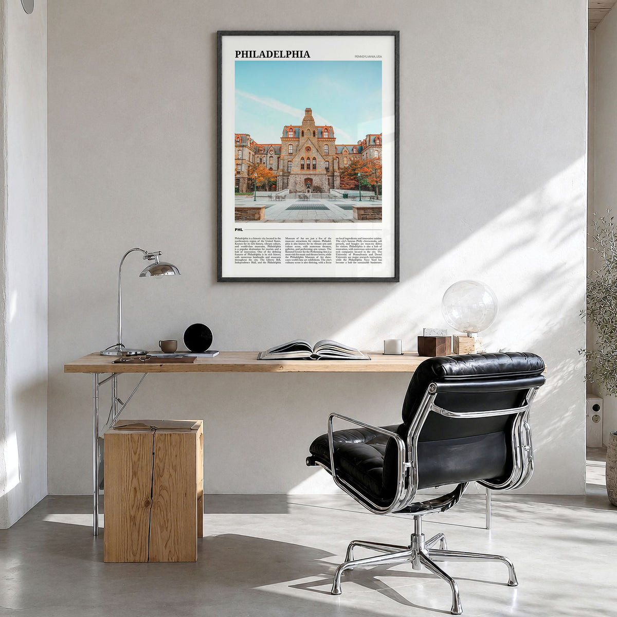 Philadelphia Travel No 1 Poster in a black wood frame, hanging in a bright home office
