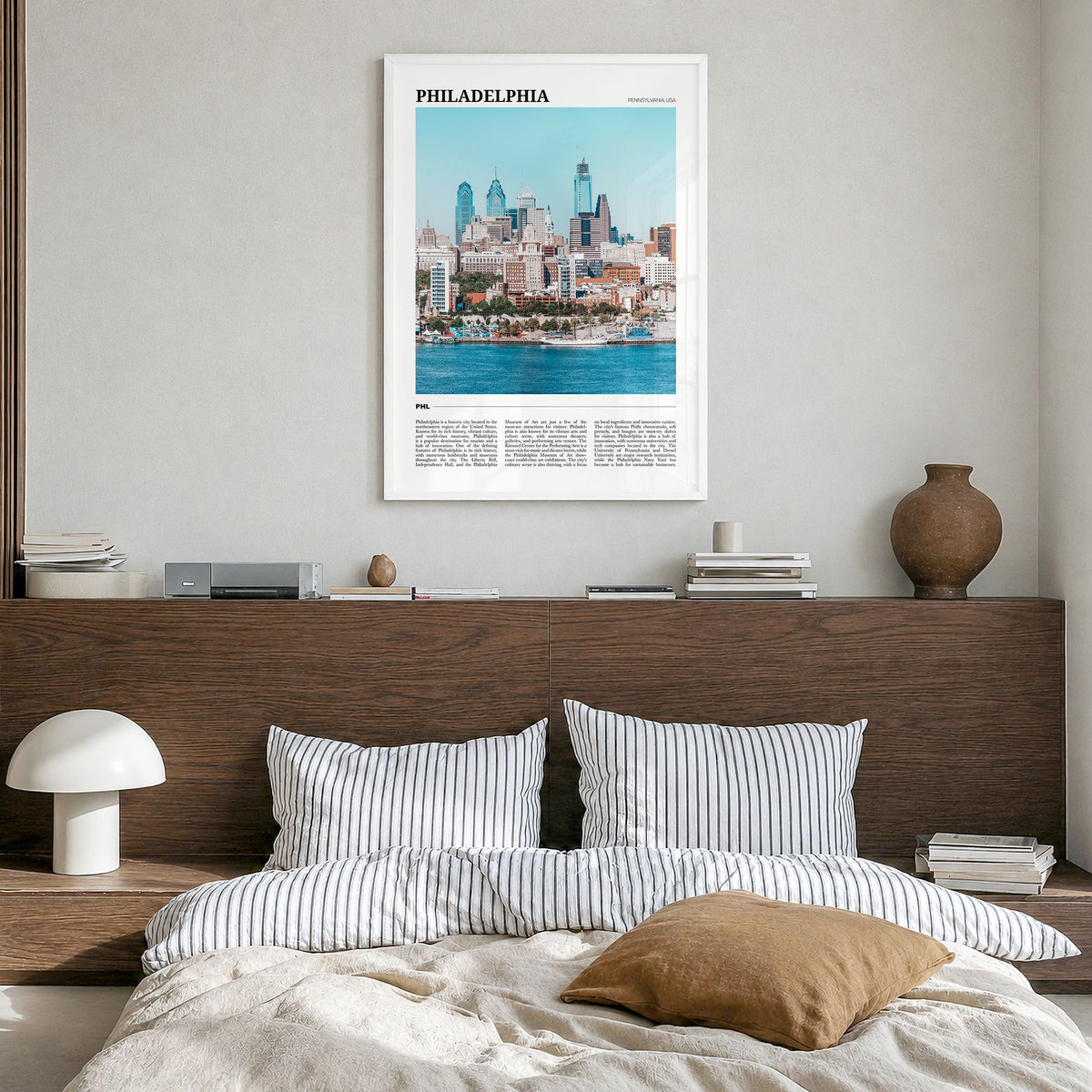 Philadelphia Travel No 2 Poster in a white wood frame, hanging in a bedroom