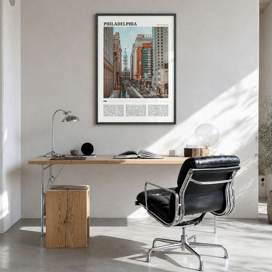 Philadelphia Travel No 3 Poster in a black wood frame, hanging in a bright home office