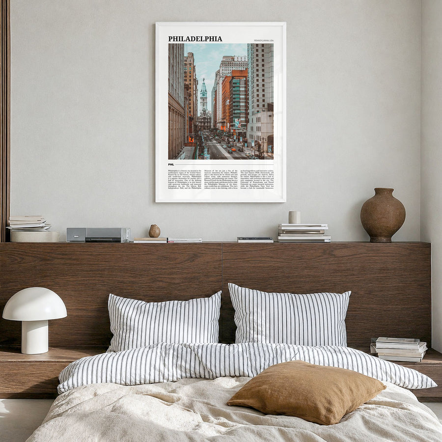 Philadelphia Travel No 3 Poster in a white wood frame, hanging in a bedroom
