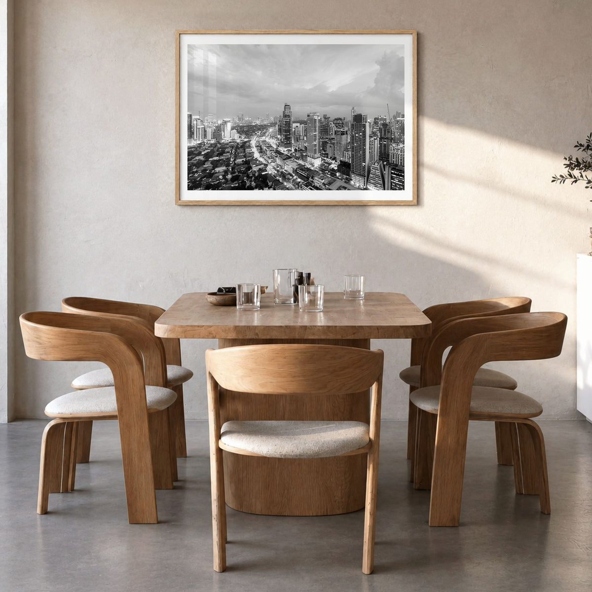 Philippines Photo Poster in a natural wood frame, hanging in a dining room, white border