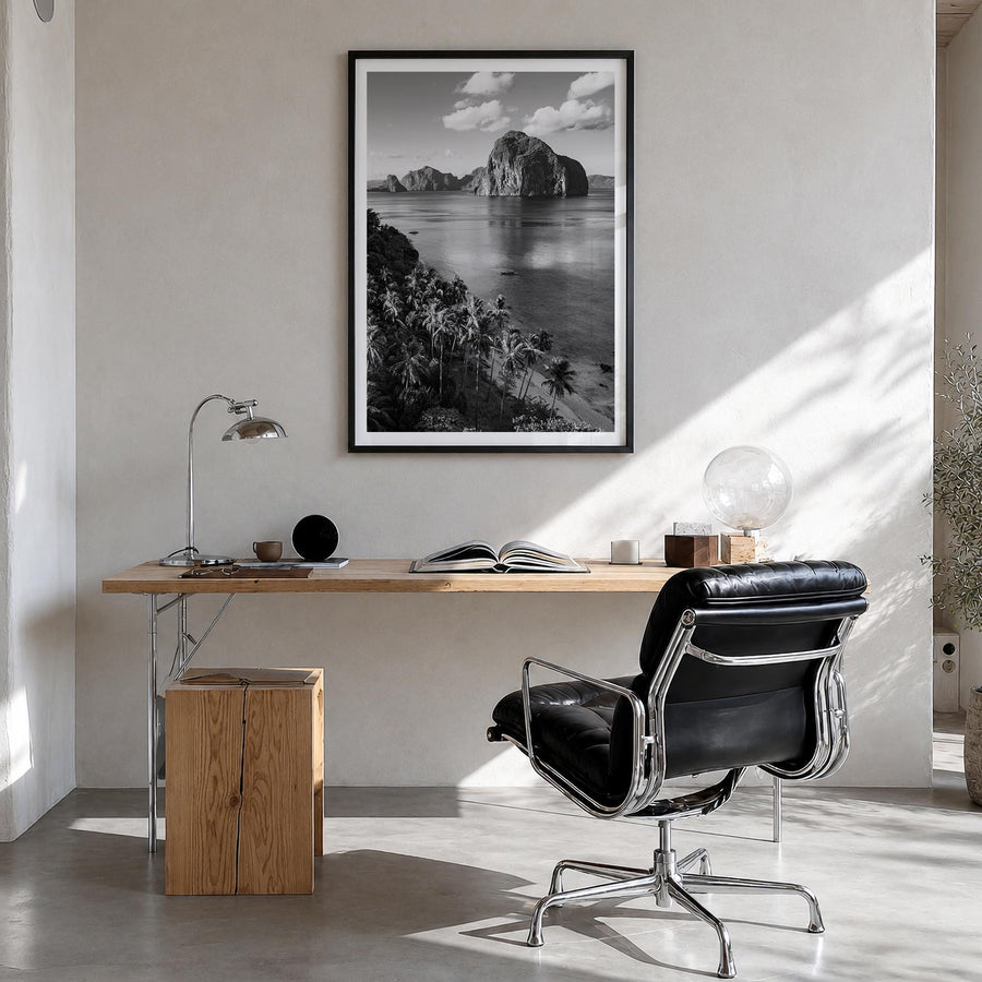Philippines no. 1 black & white photo poster of Asia – vertical wall art in black wood frame with white border, hanging on wa