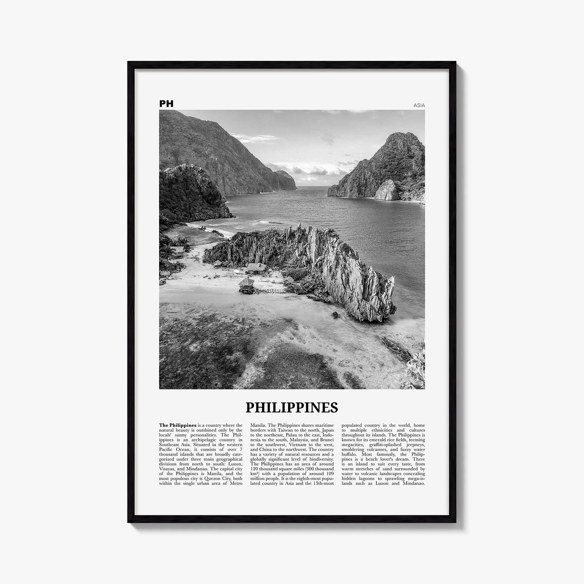 Philippines no. 2 black & white newspaper poster of Asia – vertical wall art, unframed print shown in interior mockup