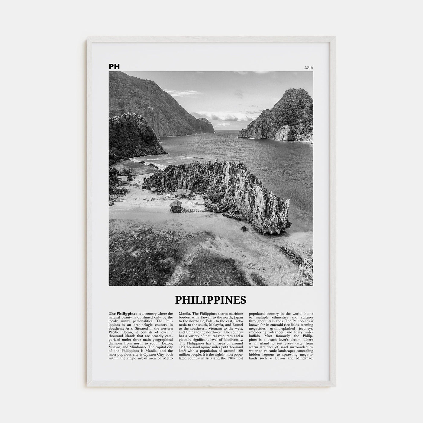 Philippines No 2 Poster White Wood / 8x12 in Nbourhood Travel B&W Poster