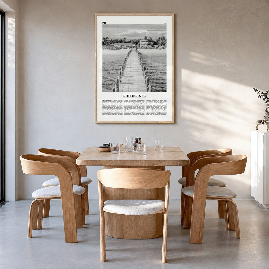 Philippines Newspaper No 3 Poster in a natural wood frame, hanging in a dining room