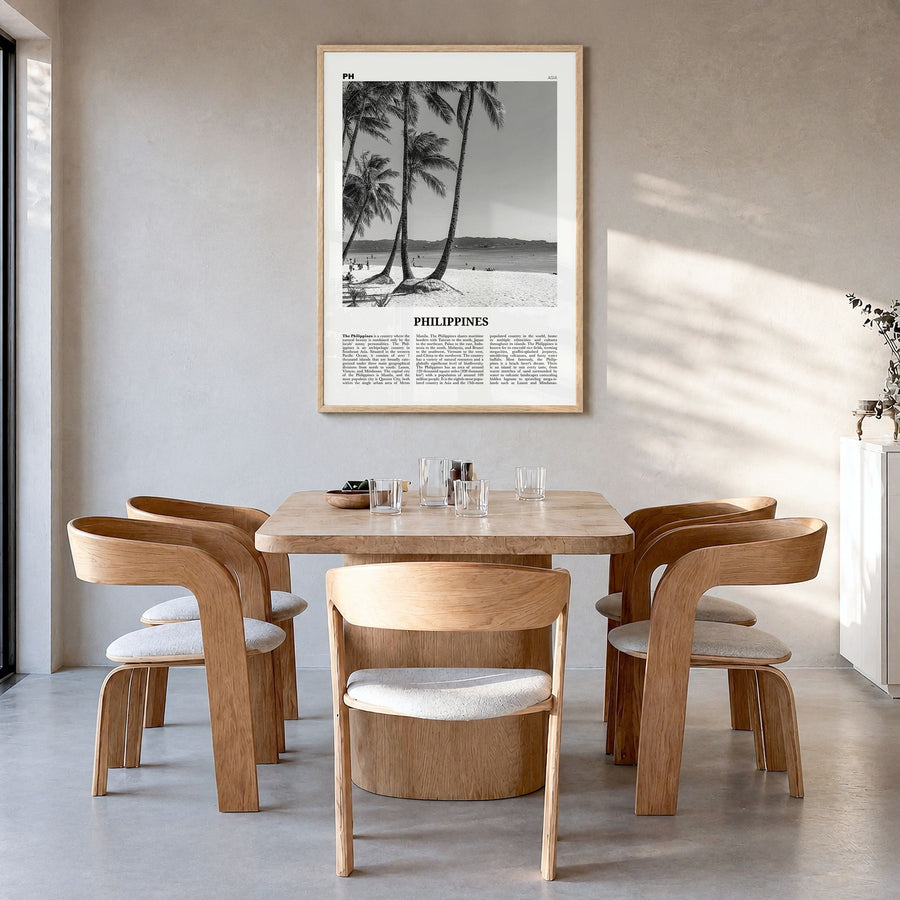 Philippines Newspaper No 5 Poster in a natural wood frame, hanging in a dining room