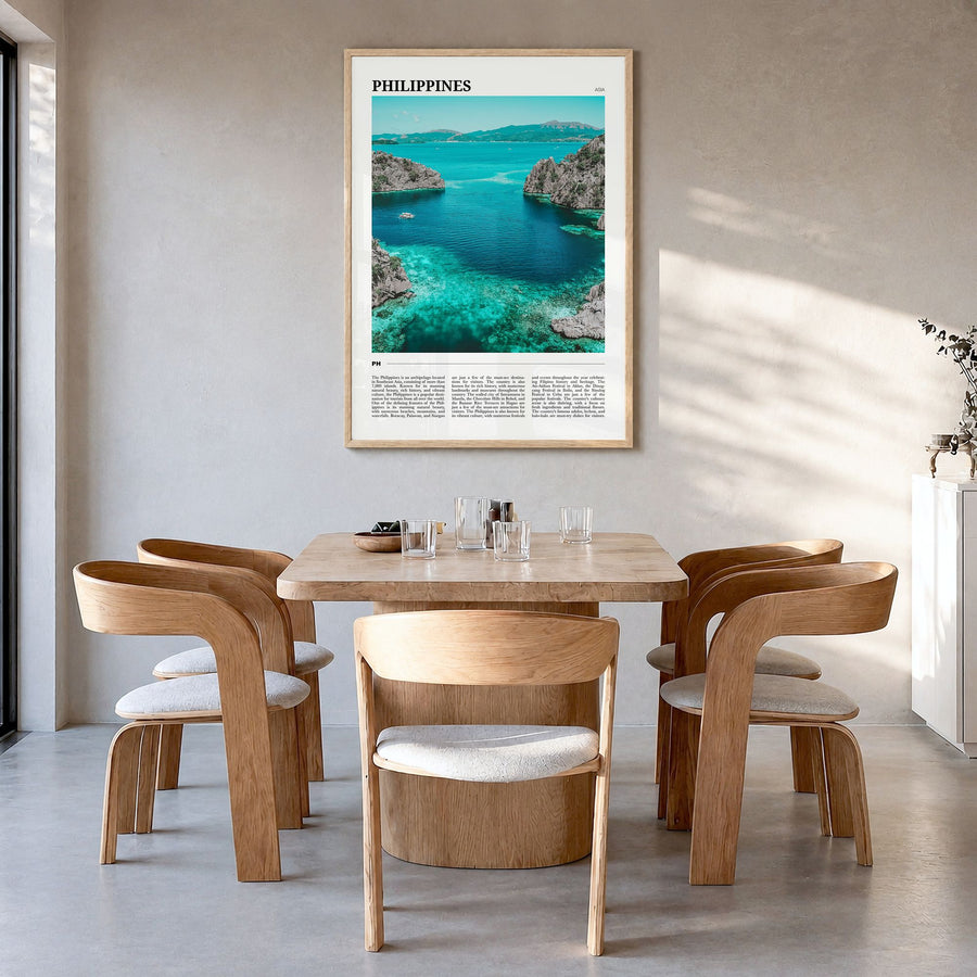 Philippines Travel No 2 Poster in a natural wood frame, hanging in a dining room