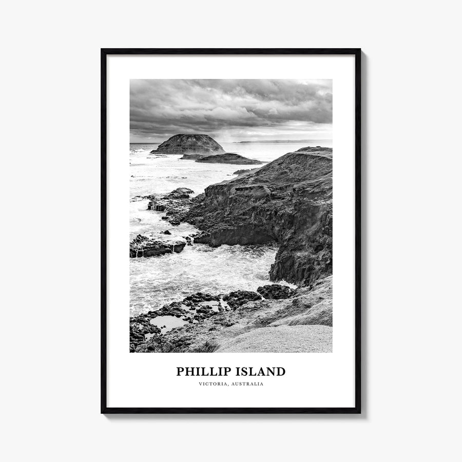 Phillip Island black & white classic poster of Australia – vertical wall art, unframed print shown in interior mockup