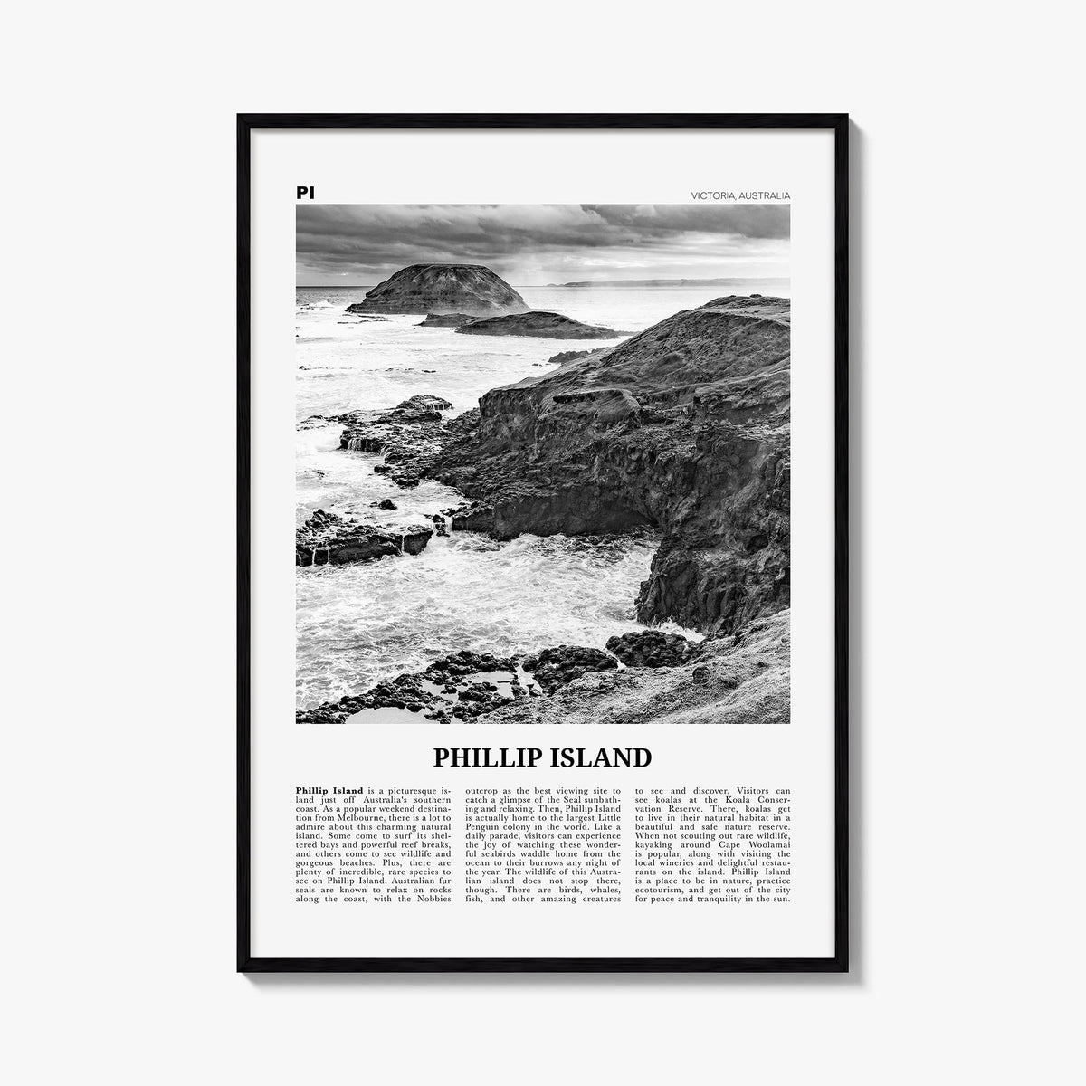 Phillip Island black & white newspaper poster of Australia – vertical wall art, unframed print shown in interior mockup